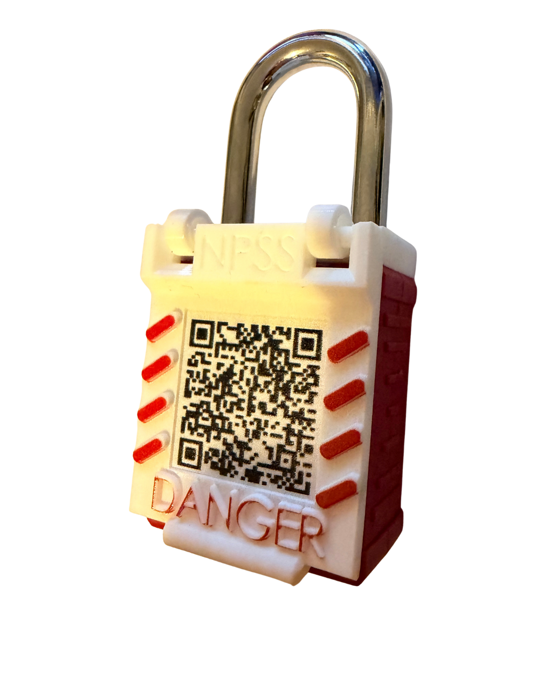 LOCKOUT ID smart LOTO tag with QR code on a safety padlock
