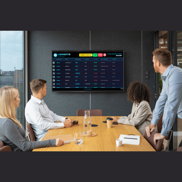LOCKOUT ID remote operations dashboard on a wall-mounted display showing live lockout and safety data
