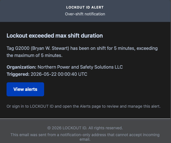 LOCKOUT ID over-shift email alert notifying a supervisor that a lockout exceeded maximum shift duration